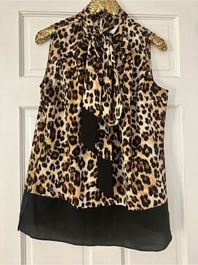New York & Company Leopard Print Tie-Neck Sleeveless Blouse XL New!